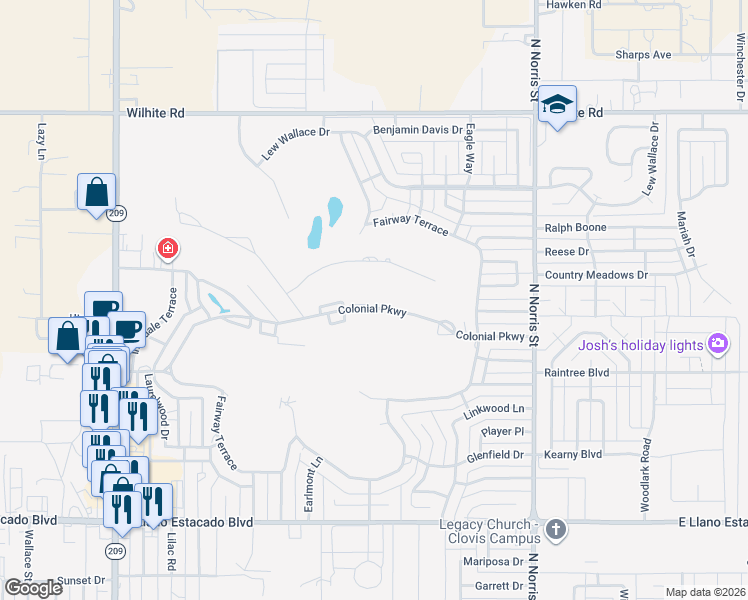 map of restaurants, bars, coffee shops, grocery stores, and more near 1600 Colonial Parkway in Clovis