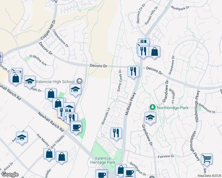 map of restaurants, bars, coffee shops, grocery stores, and more near 24125 Willowbrooke Court in Santa Clarita