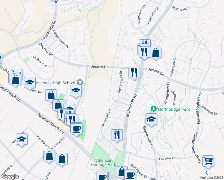 map of restaurants, bars, coffee shops, grocery stores, and more near 24125 Willowbrooke Court in Santa Clarita