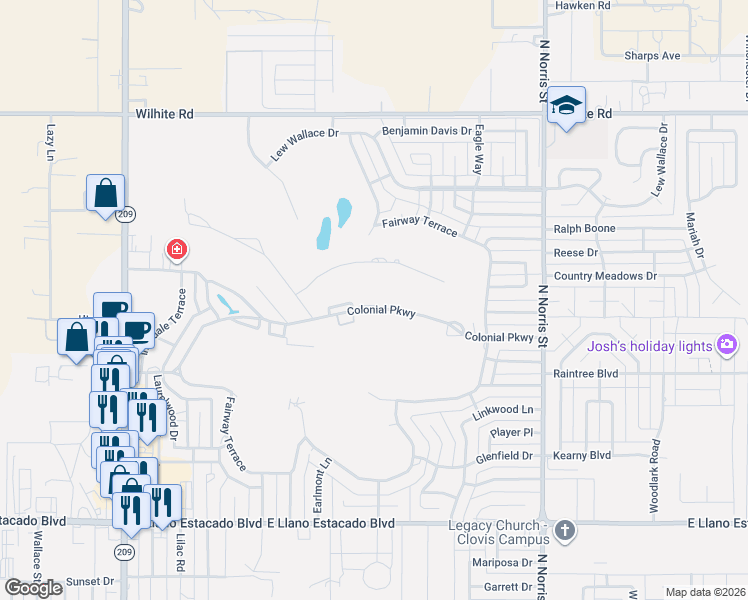 map of restaurants, bars, coffee shops, grocery stores, and more near 1500 Colonial Parkway in Clovis