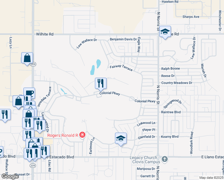 map of restaurants, bars, coffee shops, grocery stores, and more near 1604 Colonial Parkway in Clovis