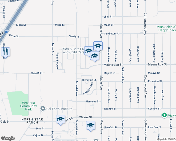 map of restaurants, bars, coffee shops, grocery stores, and more near 14395 Mauna Loa Street in Hesperia