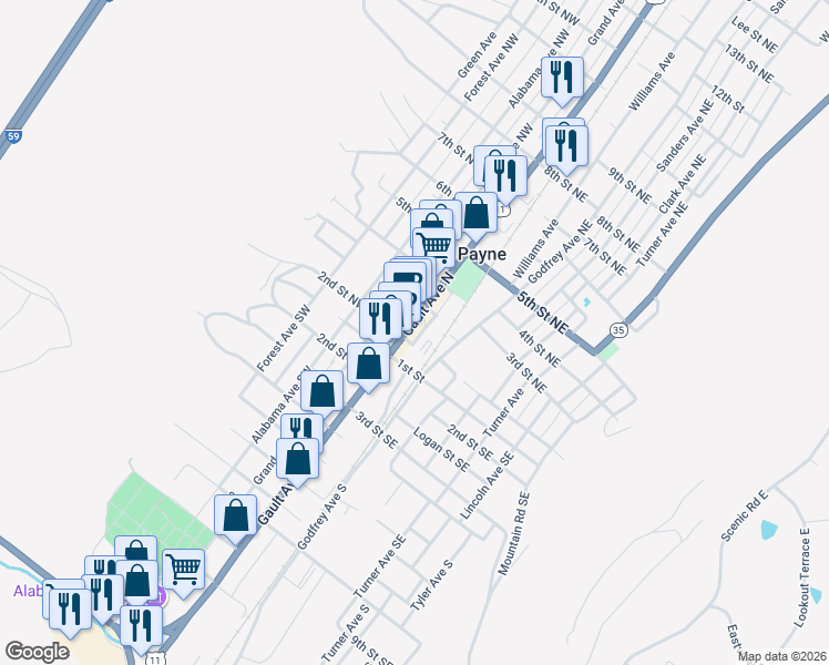 map of restaurants, bars, coffee shops, grocery stores, and more near 115 Gault Avenue North in Fort Payne