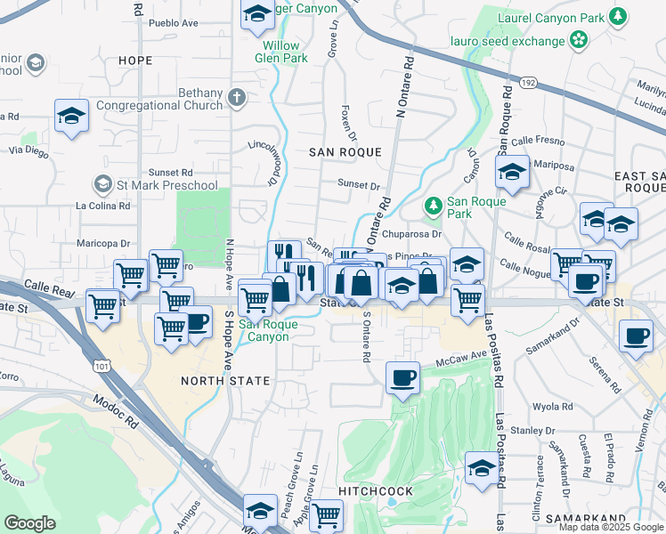 map of restaurants, bars, coffee shops, grocery stores, and more near 3639 San Remo Drive in Santa Barbara