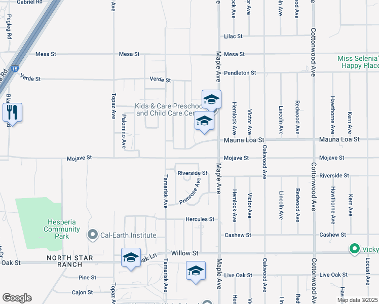 map of restaurants, bars, coffee shops, grocery stores, and more near 14395 Mauna Loa Street in Hesperia