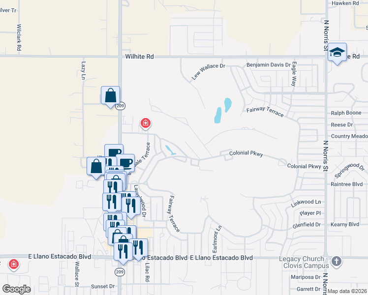 map of restaurants, bars, coffee shops, grocery stores, and more near 120 Lakeview Terrace North in Clovis