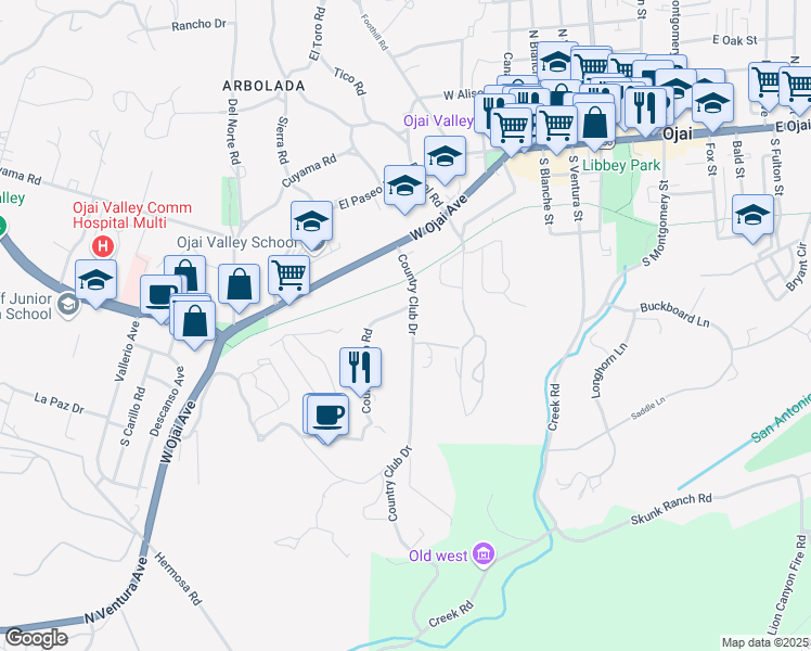 map of restaurants, bars, coffee shops, grocery stores, and more near 605 Country Club Drive in Ojai