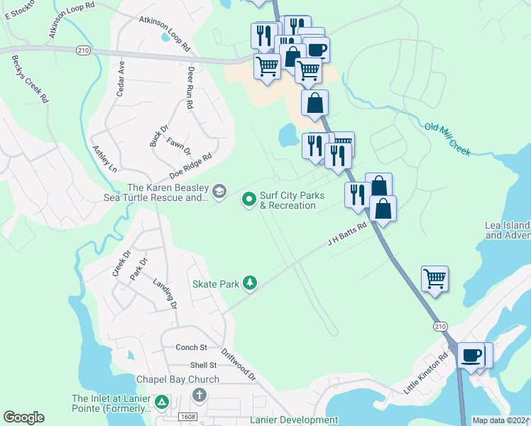 map of restaurants, bars, coffee shops, grocery stores, and more near 132 James Avenue in Surf City