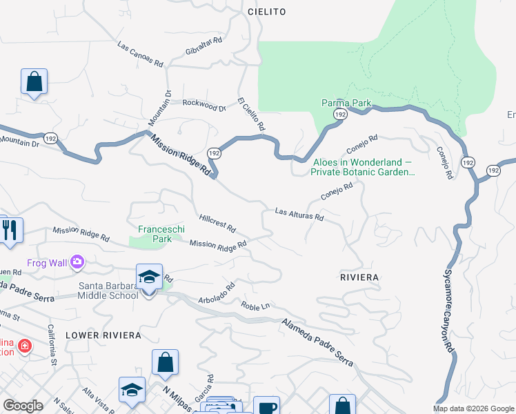 map of restaurants, bars, coffee shops, grocery stores, and more near 1040 Mission Ridge Road in Santa Barbara