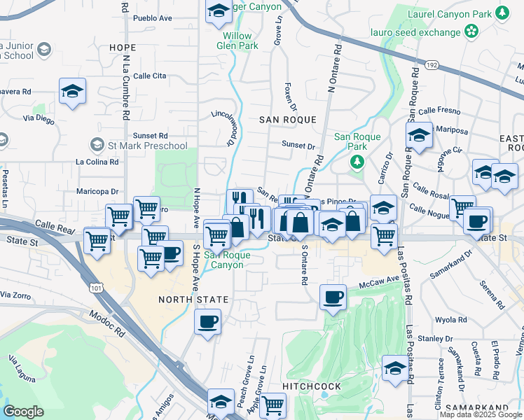 map of restaurants, bars, coffee shops, grocery stores, and more near 3663 San Remo Drive in Santa Barbara