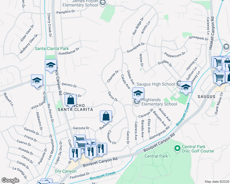 map of restaurants, bars, coffee shops, grocery stores, and more near 27352 Garza Drive in Santa Clarita