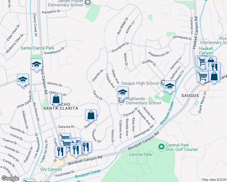 map of restaurants, bars, coffee shops, grocery stores, and more near 27373 Catala Avenue in Santa Clarita