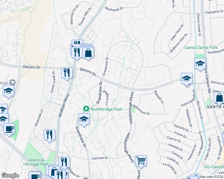 map of restaurants, bars, coffee shops, grocery stores, and more near 27448 Whitefield Place in Santa Clarita
