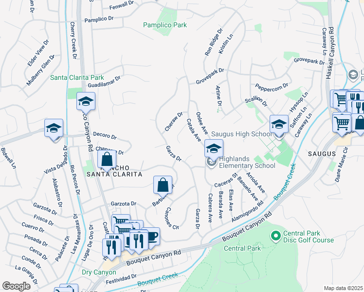 map of restaurants, bars, coffee shops, grocery stores, and more near 22352 Melodi Lane in Santa Clarita