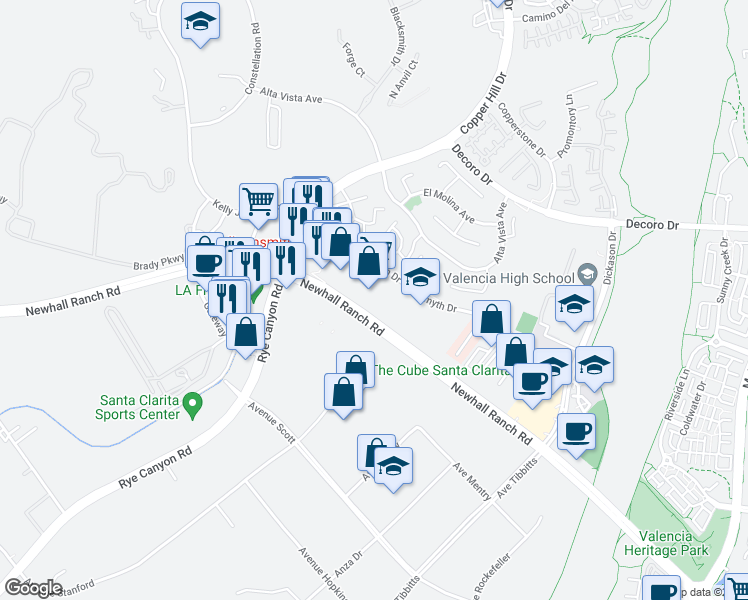 map of restaurants, bars, coffee shops, grocery stores, and more near 28009 Smyth Drive in Santa Clarita