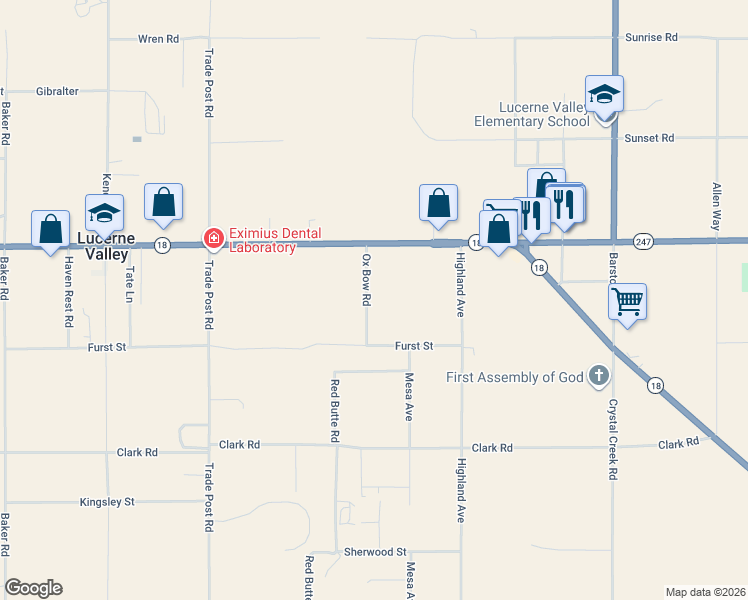 map of restaurants, bars, coffee shops, grocery stores, and more near 10395 Ox Bow Road in Lucerne Valley