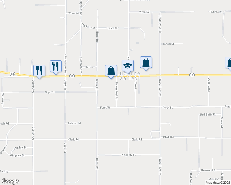 map of restaurants, bars, coffee shops, grocery stores, and more near 10290 Haven Rest Road in Lucerne Valley