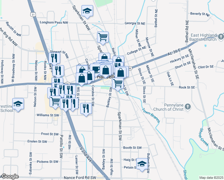 map of restaurants, bars, coffee shops, grocery stores, and more near 525 Sparkman Street Southwest in Hartselle