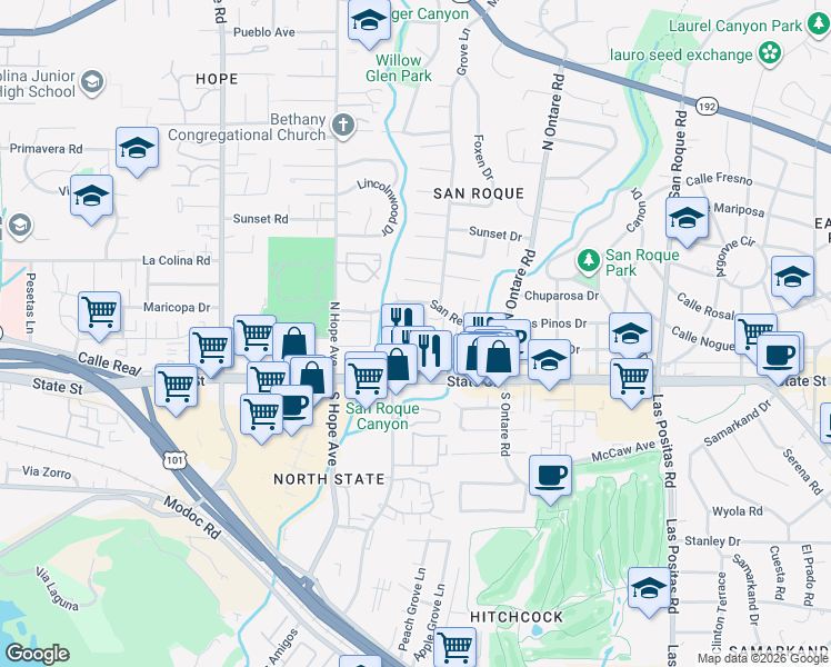 map of restaurants, bars, coffee shops, grocery stores, and more near 3722 State Street in Santa Barbara