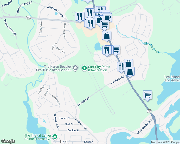 map of restaurants, bars, coffee shops, grocery stores, and more near 132 James Avenue in Surf City