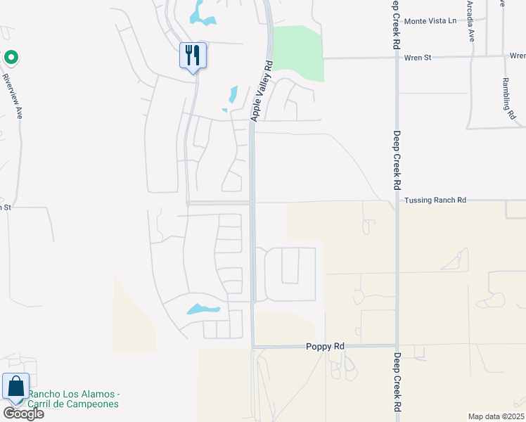 map of restaurants, bars, coffee shops, grocery stores, and more near Tussing Ranch Road in Apple Valley