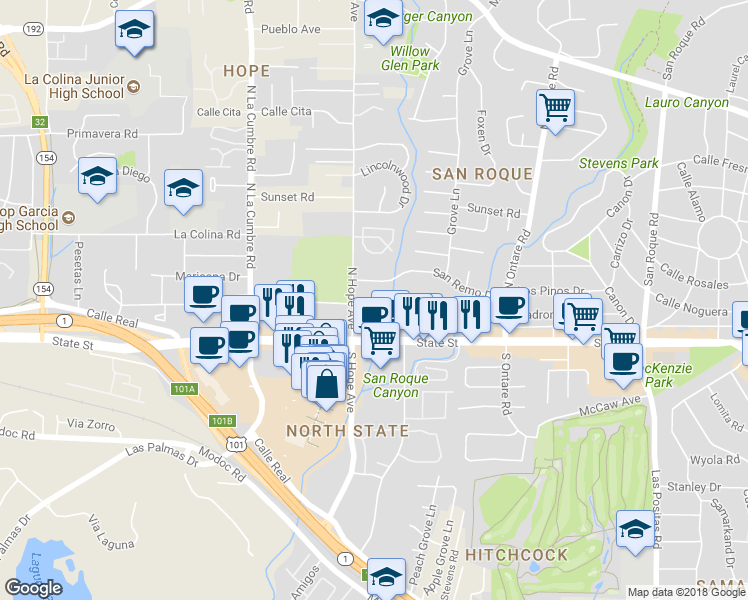 map of restaurants, bars, coffee shops, grocery stores, and more near North Hope Avenue in Santa Barbara