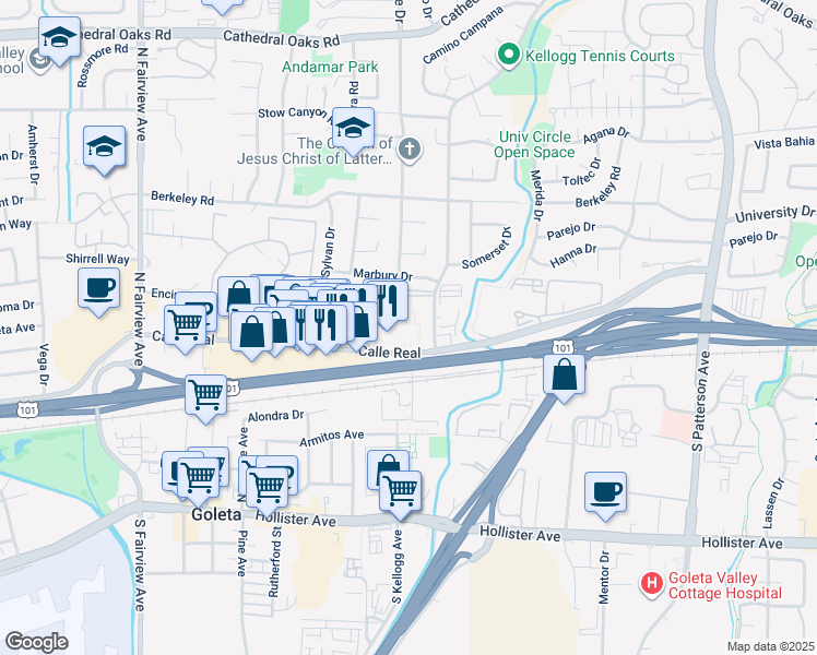 map of restaurants, bars, coffee shops, grocery stores, and more near 5620 Calle Real in Goleta