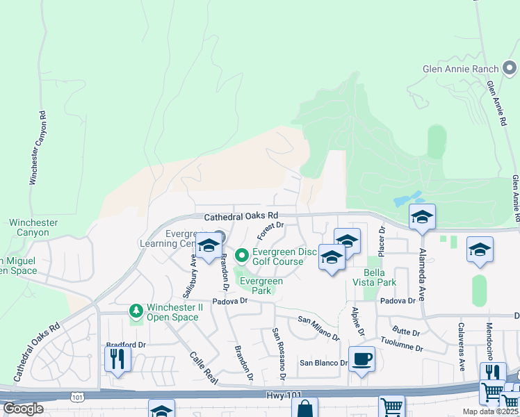 map of restaurants, bars, coffee shops, grocery stores, and more near 259 Forest Drive in Goleta