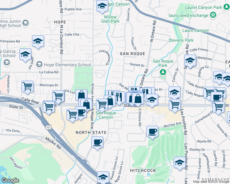map of restaurants, bars, coffee shops, grocery stores, and more near 3728 State Street in Santa Barbara