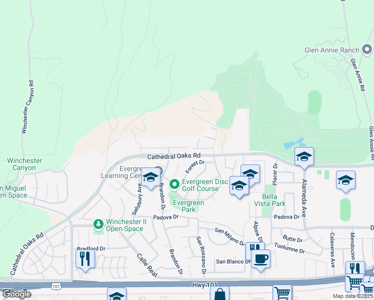 map of restaurants, bars, coffee shops, grocery stores, and more near 259 Forest Drive in Goleta