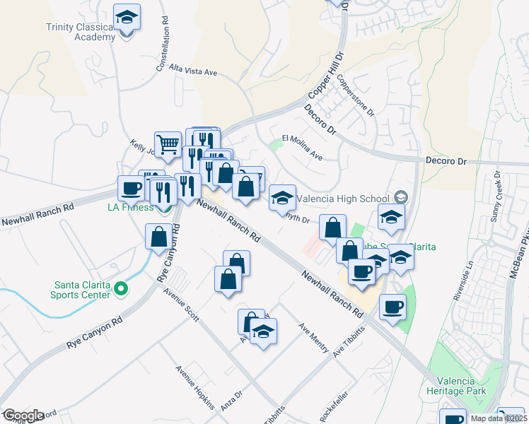 map of restaurants, bars, coffee shops, grocery stores, and more near 27965 Smyth Drive in Santa Clarita