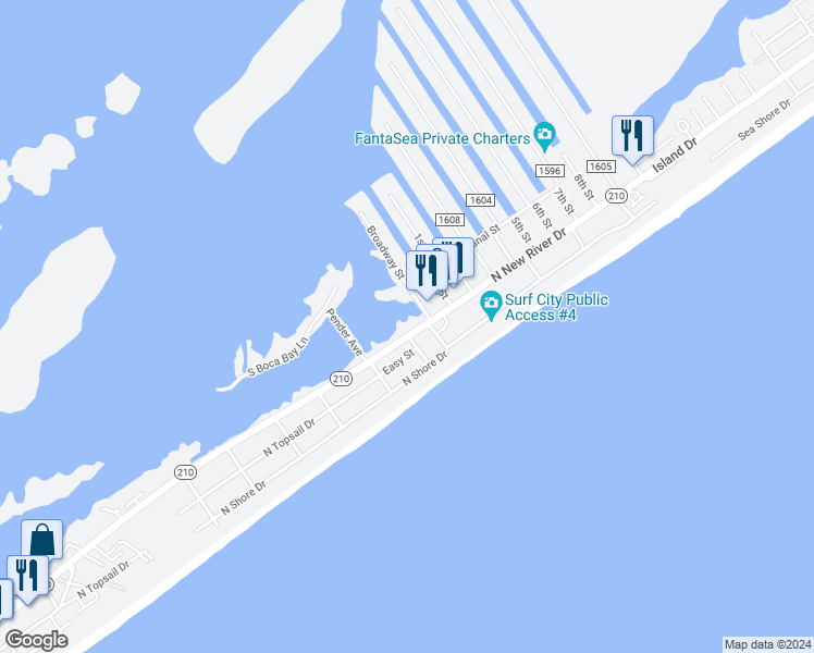 map of restaurants, bars, coffee shops, grocery stores, and more near 1601 North New River Drive in Surf City