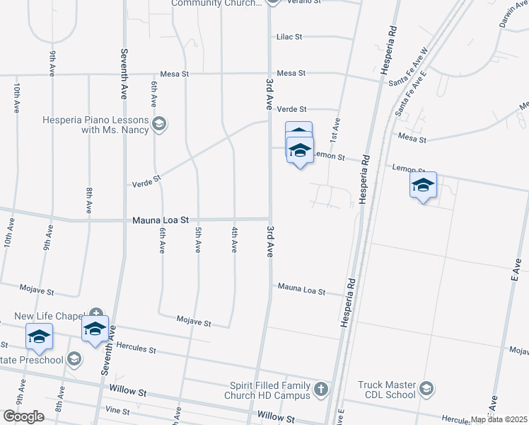 map of restaurants, bars, coffee shops, grocery stores, and more near 10516 3rd Avenue in Hesperia