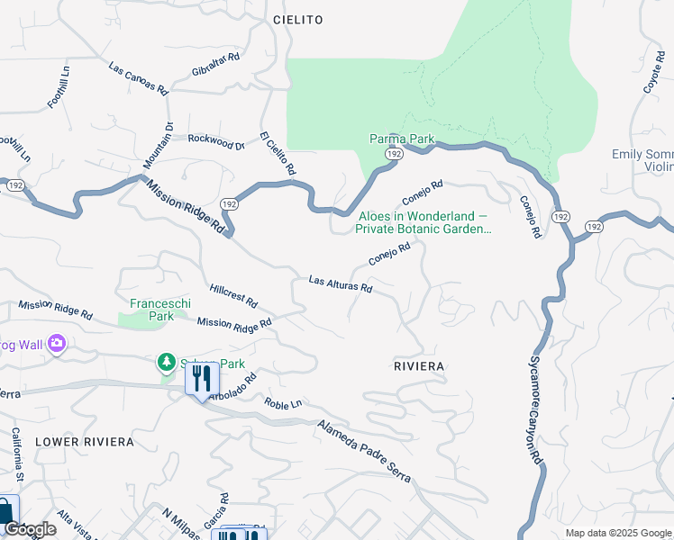 map of restaurants, bars, coffee shops, grocery stores, and more near 1208 Las Alturas Road in Santa Barbara