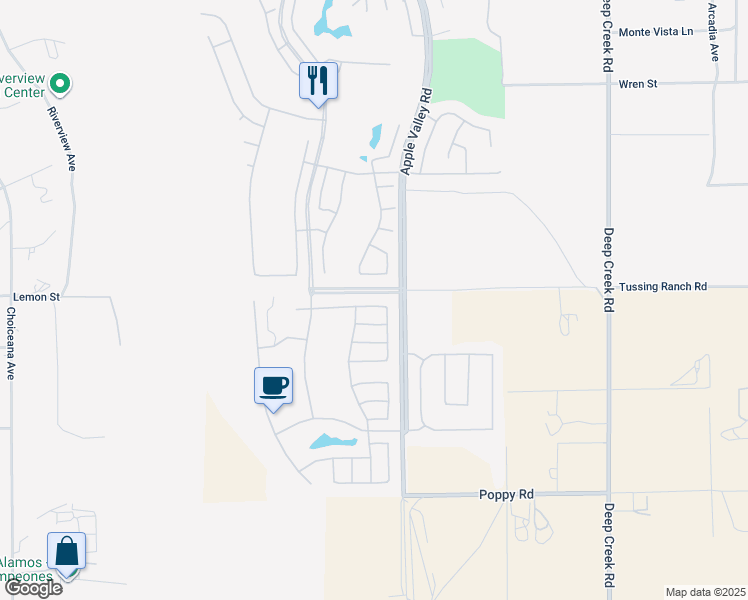 map of restaurants, bars, coffee shops, grocery stores, and more near 19486 Crystal Springs Lane in Apple Valley