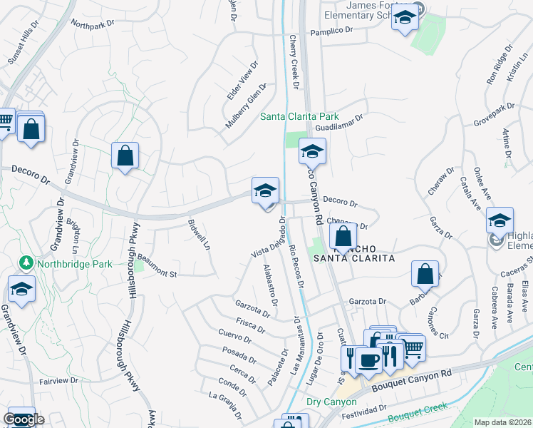 map of restaurants, bars, coffee shops, grocery stores, and more near 27171 Vista Delgado Drive in Santa Clarita