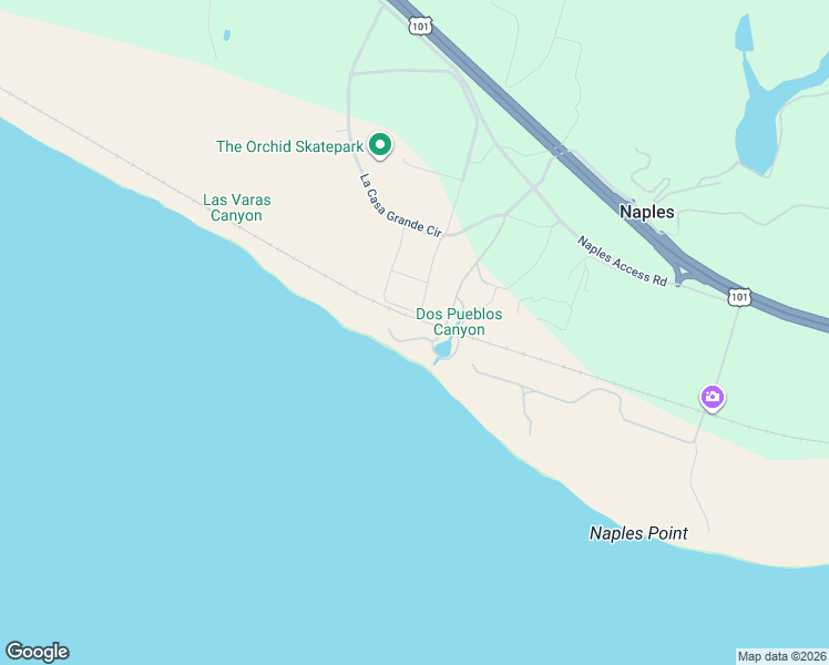 map of restaurants, bars, coffee shops, grocery stores, and more near 9580 South Dos Pueblos Canyon Road in Goleta