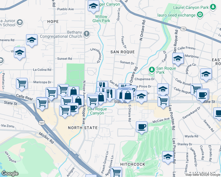 map of restaurants, bars, coffee shops, grocery stores, and more near 3663 San Remo Drive in Santa Barbara