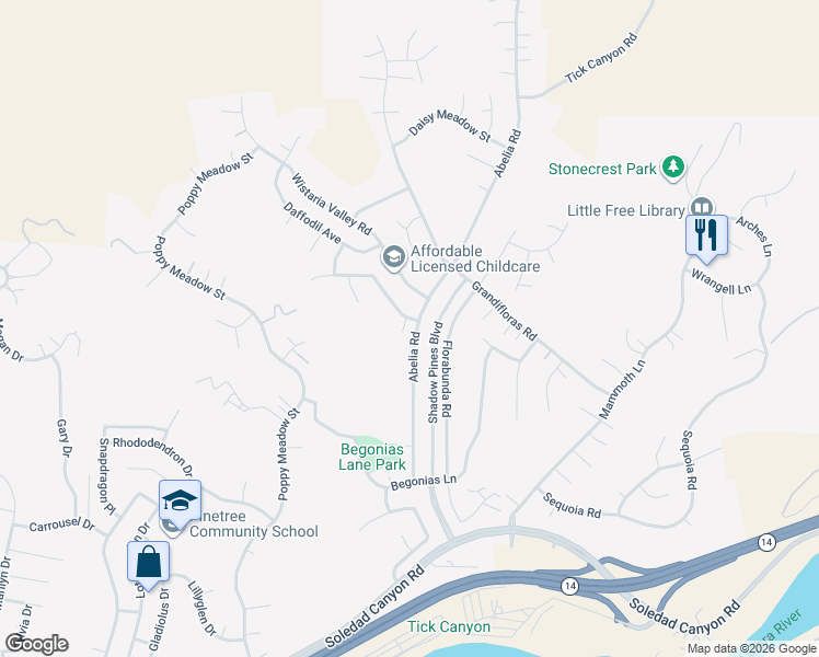 map of restaurants, bars, coffee shops, grocery stores, and more near 29424 Abelia Road in Santa Clarita
