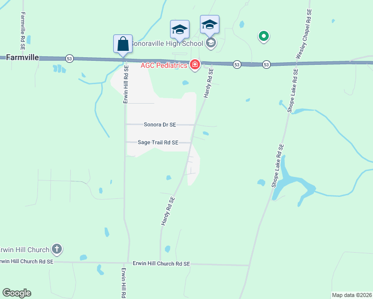 map of restaurants, bars, coffee shops, grocery stores, and more near 335 Bud Hardy Road Southeast in Calhoun
