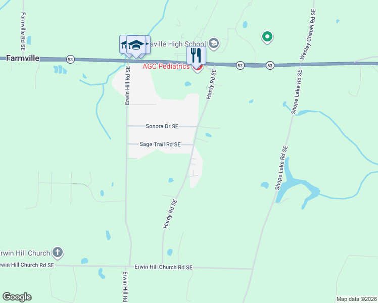map of restaurants, bars, coffee shops, grocery stores, and more near 335 Bud Hardy Road Southeast in Calhoun