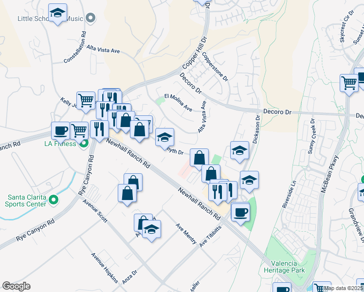 map of restaurants, bars, coffee shops, grocery stores, and more near 27911 Smyth Drive in Santa Clarita