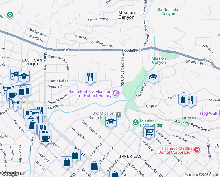 map of restaurants, bars, coffee shops, grocery stores, and more near 2571 Puesta Del Sol in Santa Barbara