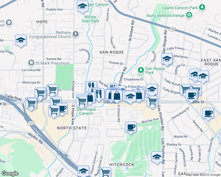 map of restaurants, bars, coffee shops, grocery stores, and more near 3639 San Remo Drive in Santa Barbara