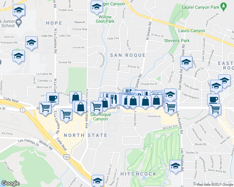 map of restaurants, bars, coffee shops, grocery stores, and more near 3663 San Remo Drive in Santa Barbara