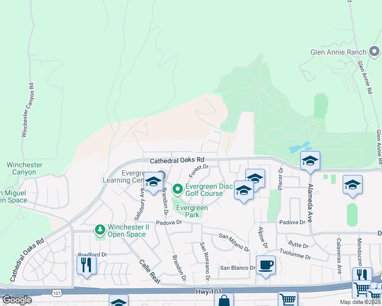 map of restaurants, bars, coffee shops, grocery stores, and more near 259 Forest Drive in Goleta