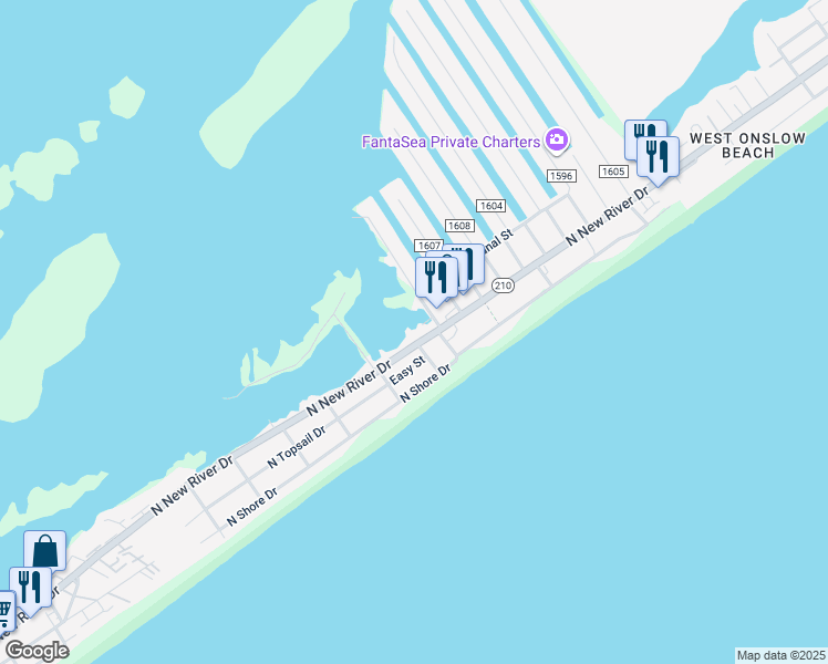 map of restaurants, bars, coffee shops, grocery stores, and more near 1602 North New River Drive in Surf City