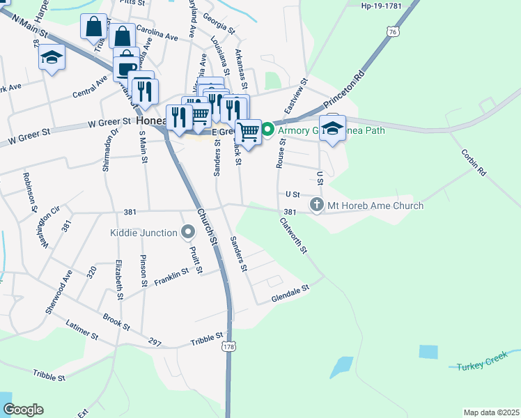 map of restaurants, bars, coffee shops, grocery stores, and more near 211 1/2 Sanders Street in Honea Path