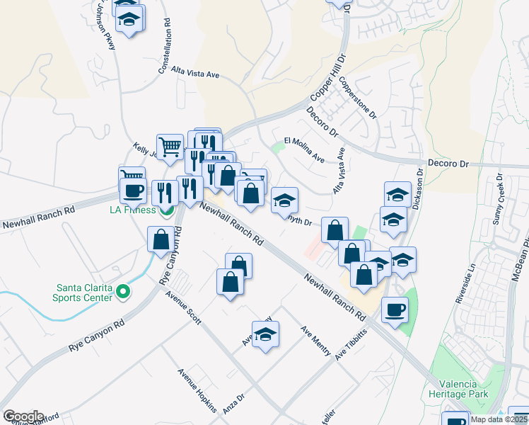 map of restaurants, bars, coffee shops, grocery stores, and more near 27947 Smyth Drive in Santa Clarita