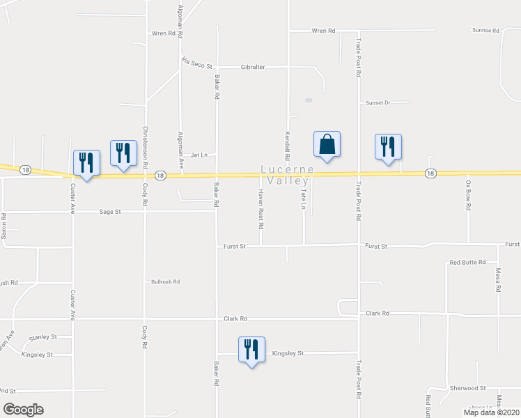 map of restaurants, bars, coffee shops, grocery stores, and more near Haven Rest Road in Lucerne Valley